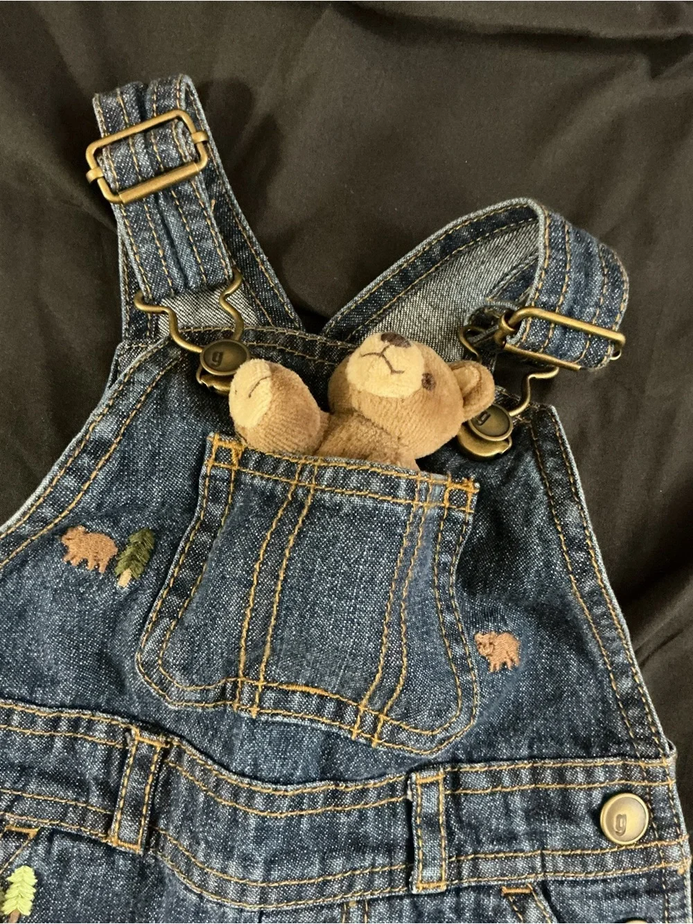 Children's Dark Blue Denim Short Overalls with Forest Embroidery
